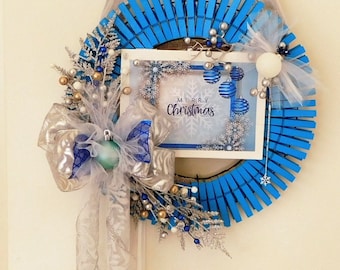 Christmas Front Door Wreath, Merry Christmas Blue and Silver Snowflake Front Door Clothespin Wreath, Christmas Wreath, Holiday Door Wreath