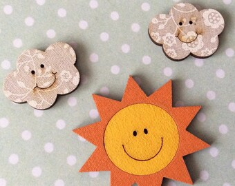 Botones de sol y nubes, botones de artesanía grande, botones decorativos, conjunto de 3