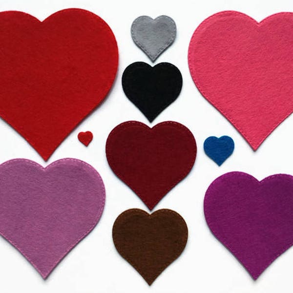 Felt Hearts, 10 Sizes Heart Die Cut Shapes for Sewing, Bunting and Other Crafts, Beautiful Colours Available