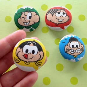 Vintage cartoonknopen, Monica's Gang, grote met stof beklede knopen, maat 38 mm, set van 4