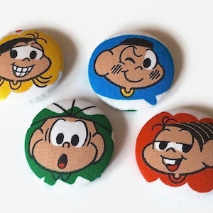 Cartoonknoppen, Monica's Friends, Maggy, Jimmy Five, smudge, maat 38 mm, set van 4