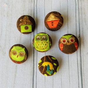Owl Buttons, Fabric Covered Buttons, Sewing and Craft Buttons, Size 29mm, Set of 6