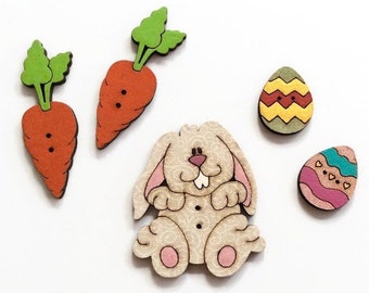 Decoraciones de Pascua, Conejito de Pascua, Botones de madera grandes, Huevo de Pascua, Juego de 5