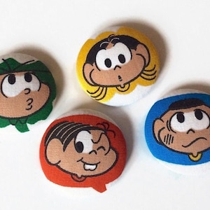 Grote stoffen knopen, cartoonknopen, Monica's Gang, maat 38 mm, set van 4 inch