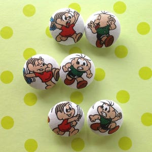 Vintage cartoonknopen, Turma da Monica, met stof beklede knopen, maat 29 mm, set van 6 inch
