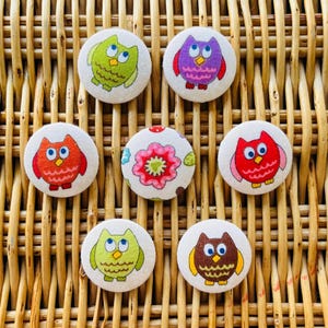Cute Owl  Buttons, Fabric Covered Buttons, Shank or Flat Backs, Size 29mm, Set of 7