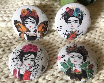Frida Buttons, Unique Craft Buttons, Fabric Covered Buttons, Size 38mm, Set of 4
