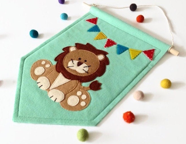 Lion Felt Banner, Nursery Wall Art, Animal Kids Room Decor