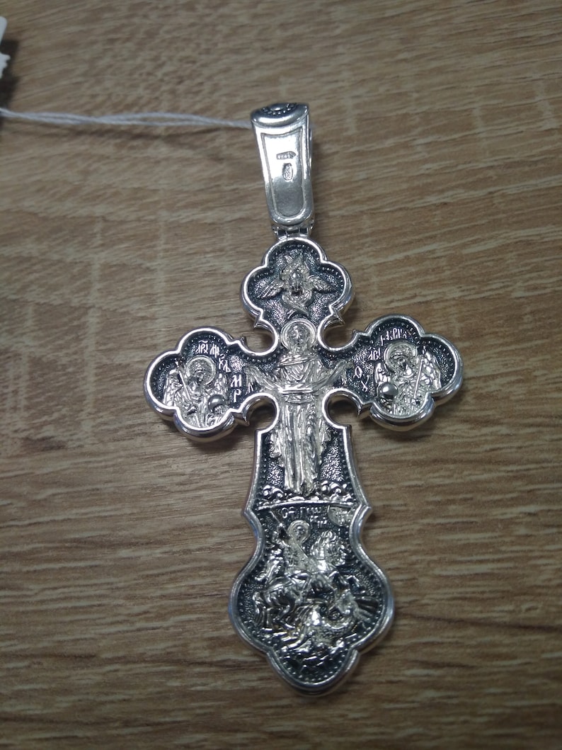 Orthodox Silver 925 Cross Crucifixion Pendant Jesus Christ Protection of the Blessed Virgin Mary George Victory St. Orthodox Necklace.