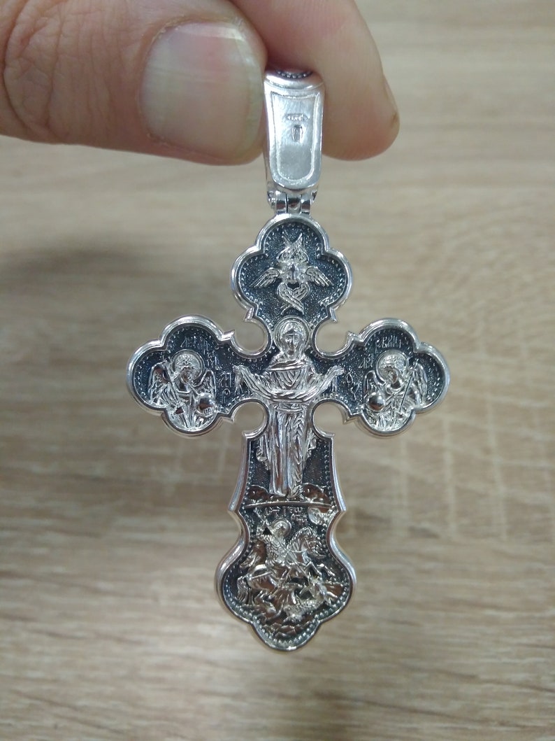 Orthodox Silver 925 Cross Crucifixion Pendant Jesus Christ Protection of the Blessed Virgin Mary George Victory St. Orthodox Necklace.