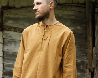 Tunique / chemise 100 % coton à manches longues pour hommes nomades d'inspiration médiévale / viking en ocre sable taille S/M/L