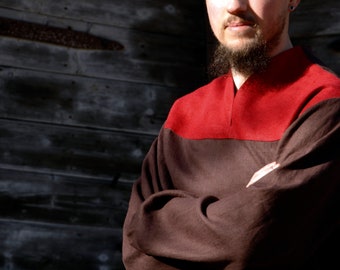 Médiévale / Viking inspiré nomade hommes 100% lin manches longues, tunique à col haut / chemise en brun chocolat et rouge taille S/M/L