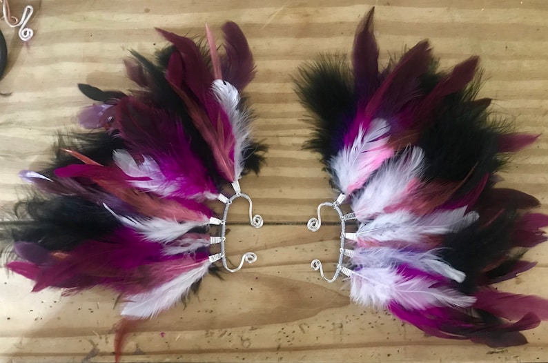 Purple Dragon Headdress Fascinator Burning Man Festival Tribal Warrior Queen EarWings Pink White Feather Earcuffs cuffs wraps