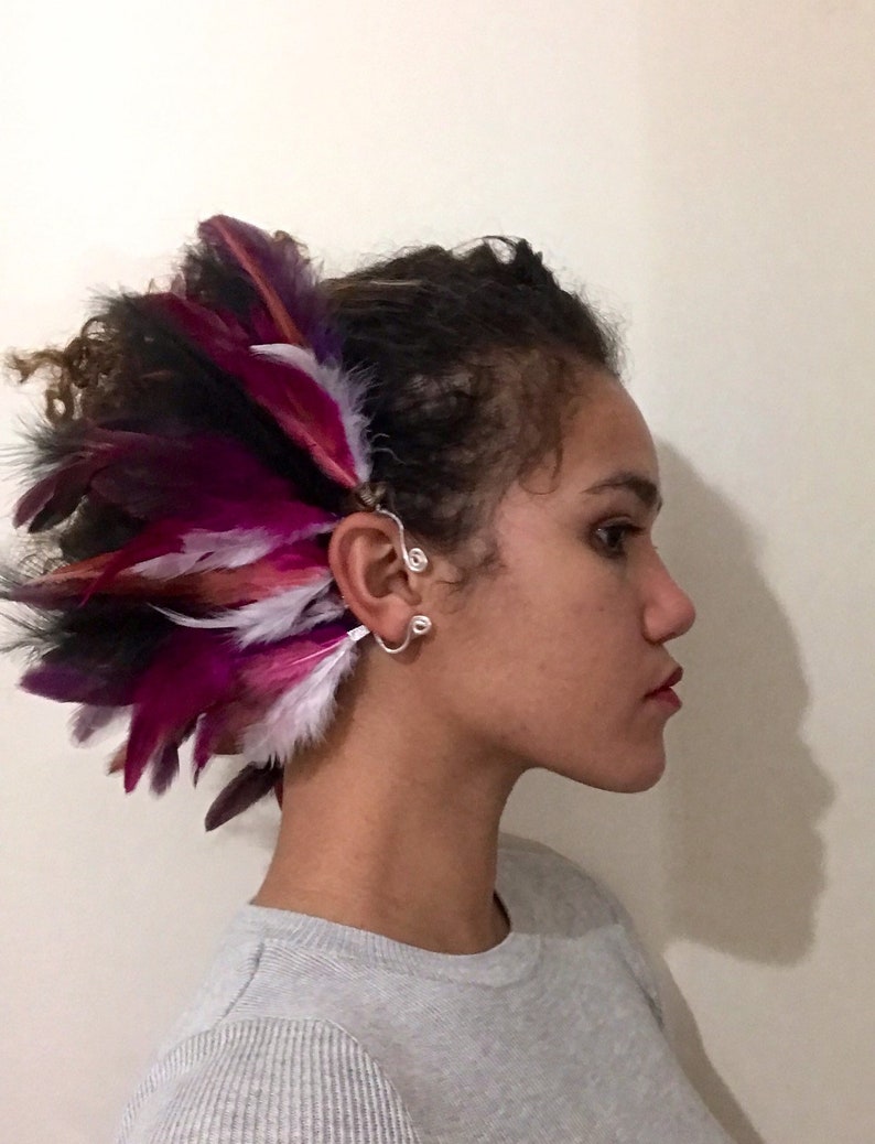 Purple Dragon Headdress Fascinator Burning Man Festival Tribal Warrior Queen EarWings Pink White Feather Earcuffs cuffs wraps