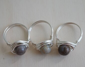 Handmade silver plated copper ring with Picasso marble jasper, gemstone ring, silver ring, gray gemstone, wire wrapped ring