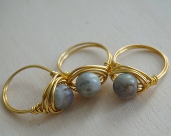 Handmade gold plated copper ring with Picasso marble jasper, gemstone ring, gold ring, gray gemstone, gray jasper,wire wrapped ring