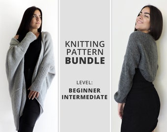 PATTERNS BUNDLE / Craft easy knit kit of patterns, Learn to knit womens sweater and cardigan, Simple plus size cardigan knit pattern, DIY