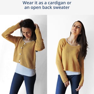 May include: A mustard yellow knitted cardigan with a button closure. The cardigan can be worn as a cardigan or an open back sweater.