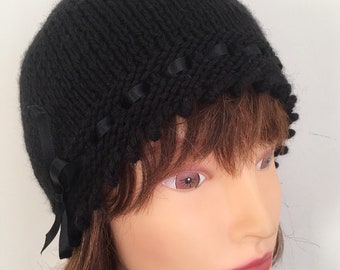 Navy Blue 1920s style Hand Knitted Wool Beanie Hat with Silk Ribbon Detail 20-21 Womens Hat Gift Navy Blue 1920s style Hand Knitted Wool Beanie Hat with Silk Ribbon Detail 20-21 Womens Hat Gift