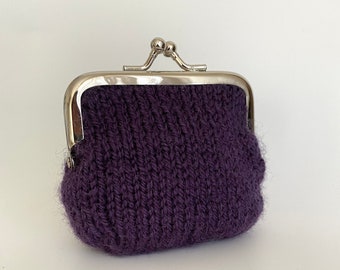 Knitted Coin Purse, Purple Hand Knit Purse, Wool Money Pouch, Small Kiss lock Purse Gift for Friends Birthday, Mothers Day Knitted Gift idea
