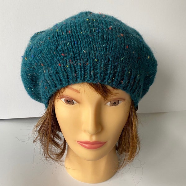 Women's Classic Hand Knit Beret, Dainty Teal Blue Tweed Wool Hat, Chic Everyday Wear French Beret, Knitted Gift Idea, Mother's Day, Birthday