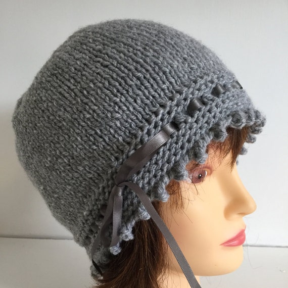 Navy Blue 1920s style Hand Knitted Wool Beanie Hat with Silk Ribbon Detail 20-21 Womens Hat Gift Navy Blue 1920s style Hand Knitted Wool Beanie Hat with Silk Ribbon Detail 20-21 Womens Hat Gift