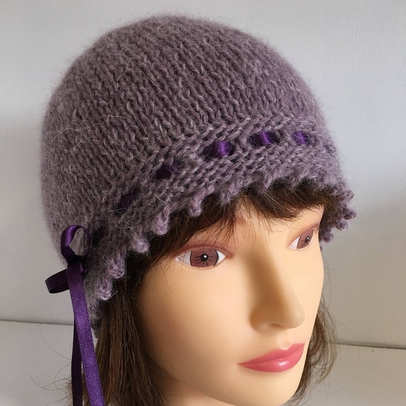 Navy Blue 1920s style Hand Knitted Wool Beanie Hat with Silk Ribbon Detail 20-21 Womens Hat Gift Navy Blue 1920s style Hand Knitted Wool Beanie Hat with Silk Ribbon Detail 20-21 Womens Hat Gift