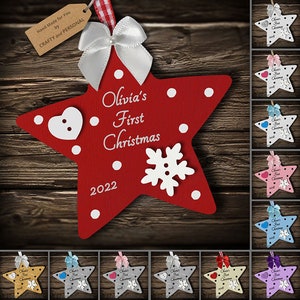 Personalised Baby's 1st First Christmas Bauble Wooden Star tree ornament or magnet gift for boy or girl