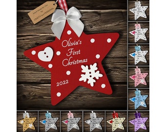 Personalised Baby's 1st First Christmas Bauble Wooden Star tree ornament or magnet gift for boy or girl