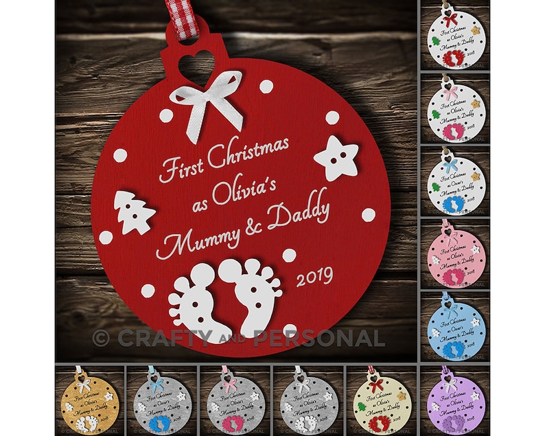 Personalised Baby's 1st First Christmas as Mummy and Daddy Wooden Bauble tree ornament gift for boy or girl parents 