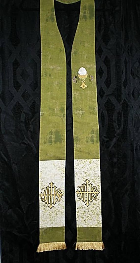 SALE GREEN Stole with IHS #146 - by Rosemary St. Clair