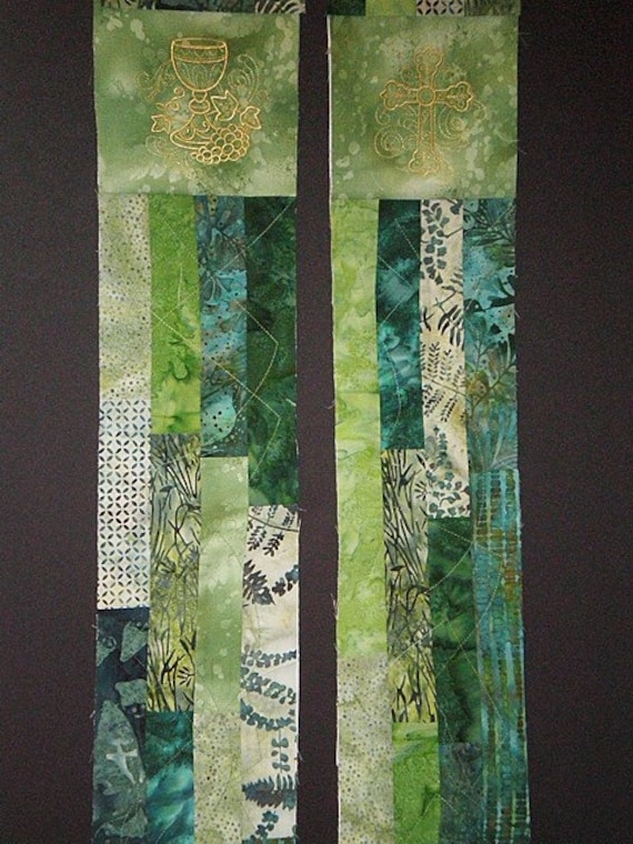 GREEN Batik Patchwork Stole  # 111 by St Clair Vestments