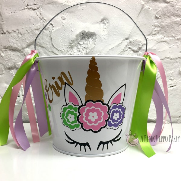 Unicorn Basket - Unicorn Centerpiece - Personalized Pail -  Unicorn Gift Basket - Easter Basket for Girls - Halloween Bucket - 5 Quart Pail