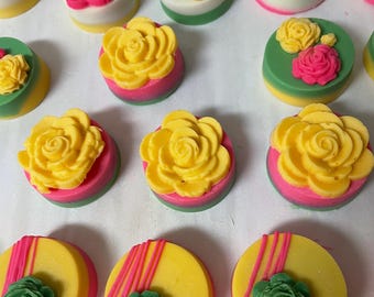 Bright Pink-Yellow-Green Rose Topped Chocolate Covered Oreo Cookies