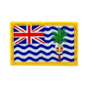 May include: Embroidered patch featuring the flag of the British Virgin Islands. The design includes the Union Jack in the upper left corner, a palm tree, and wavy blue and white stripes. The patch has a gold border.