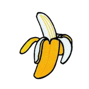 May include: Embroidered patch of a peeled banana. The banana is yellow with white and yellow details, edged in black. The patch is designed to be ironed or sewn onto fabric, suitable for clothing or accessories.