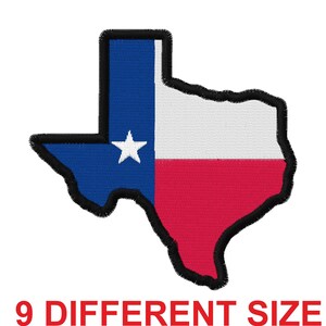 May include: A blue, white, and red embroidered patch in the shape of the state of Texas. The patch has a white star in the blue section. The text "9 DIFFERENT SIZE" is below the patch.
