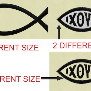 May include: Embroidered fish symbols in black thread on a beige background. The image shows six different sizes of the simple fish outline and two sizes of the fish with the Greek word "ΙΧΘΥΣ" inside. Text indicates the number of sizes.