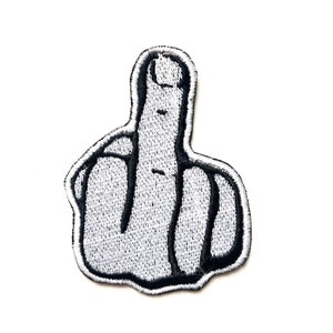 May include: A white embroidered patch of a middle finger with black outlines.