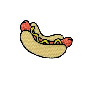 Peut inclure: Écusson brodé représentant un hot-dog dans un pain. La saucisse est rouge, et la moutarde est jaune. Le pain est beige, avec un contour noir. Un écusson amusant sur le thème de la nourriture.