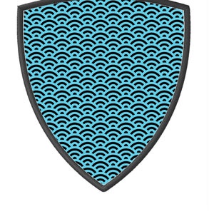 May include: A shield-shaped design with a black border, featuring a light blue background filled with a repeating black wave pattern. The text "17 DIFFERENT SIZE" is displayed in red at the bottom of the image.