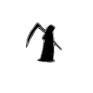 Op de afbeelding: Zwarte silhouet van de dood met een zeis.