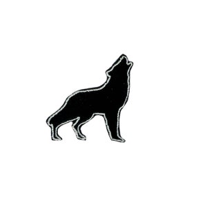 May include: Black silhouette of a wolf howling at the moon. The wolf is facing the right side of the image. The silhouette is outlined in silver.