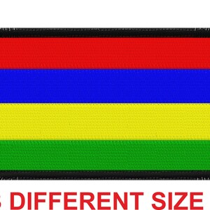 May include: A rectangular embroidered patch with the flag of Mauritius. The flag has four horizontal stripes: red, blue, yellow, and green. The patch has a black border with a frayed edge.