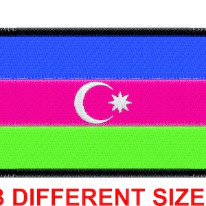 May include: Embroidered patch featuring the flag of Azerbaijan. The flag design includes horizontal stripes of blue, pink, and green, with a white crescent moon and eight-pointed star in the center. The patch has a black border and the text "3 DIFFERENT SIZE" in red.