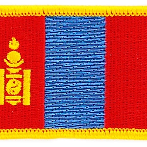 May include: A red, blue, and yellow embroidered patch featuring the national flag of Mongolia. The flag has a vertical blue stripe in the center with a red field on either side. The red field on the left side features a stylized yellow symbol.