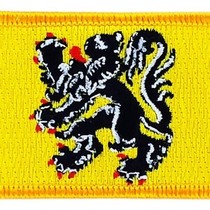 May include: A rectangular patch with a yellow background and a black lion rampant emblem. The lion has white details and red claws. The patch has a yellow border.