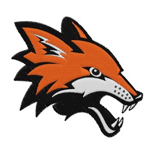 Puede incluir: Un parche bordado de la cabeza de un zorro con pelaje naranja, detalles en blanco y negro y una boca abierta y afilada.