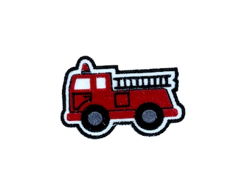 May include: Red fire truck with black wheels and a ladder on the back. The truck is outlined in black.