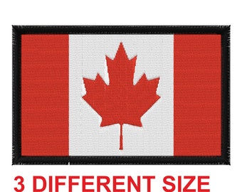 May include: A red and white Canadian flag patch with a black border. The flag features a red maple leaf on a white background. The patch is available in three different sizes.